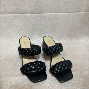 Soda Braided Strap Heeled Mule Sandals Black Square Toe Slide Heels Trendy Y2K